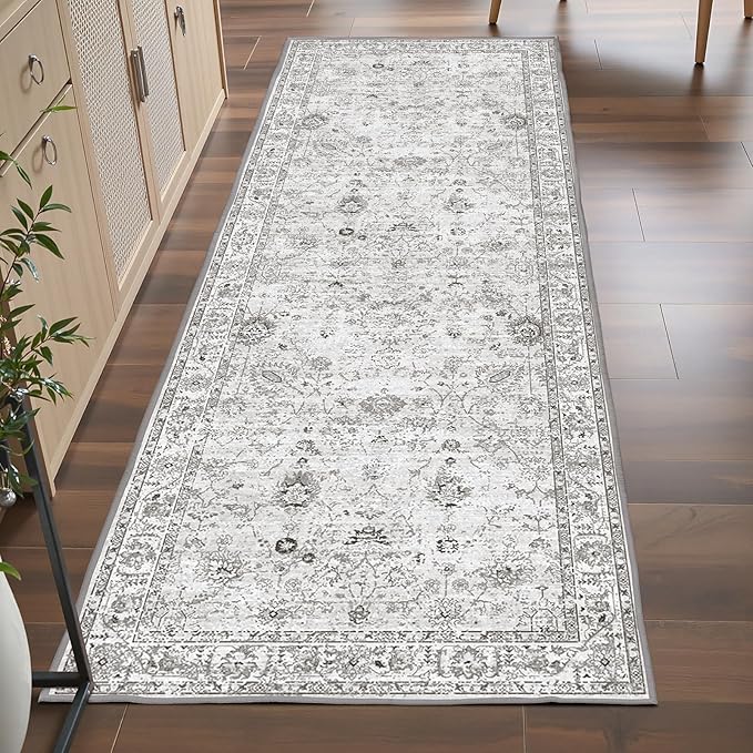 Grey Runner Rug for Hallways Kitchen 2x6, Non Slip Washable Rug with Rubber Backing Soft Floral Carpet Runner for Hallways, Kitchen, Laundry, Bedroom, Bathroom