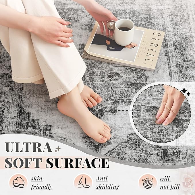 Area Rug 2x6 Runner Rugs: Washable Vintage Hallway Rug Indoor Medallion Rugs Low Pile Distressed Floor Carpet Retro Accent Rug for Kitchen Bedroom Bathroom Dining Room(Black, 2'x6')