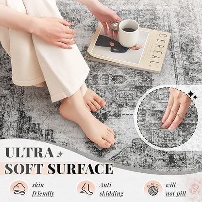 Area Rug 9x12 Vintage Rugs: Large Washable Indoor Medallion Rug Low Pile Distressed Floor Carpet Retro Accent Rugs for Living Room Bedroom Kitchen Dining Table Home Office(Black, 9'x12')