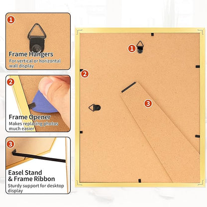 8x10 Picture Frame Set of 8, Gold Photo Frames for Tabletop or Wall Display, Fits Pictures 5x7 with Mat or 8x10 Without Mat, Frame Collage with HD Plexiglass for Gallery Home Wall Decor