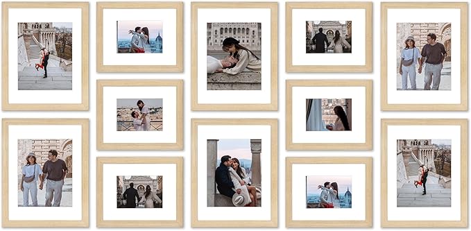 VELISTA 12 Piece Large Rectangle Gallery Wall Frame Set - Rustic Photo Frame Set with Mat 8x10/11x14" - Picture Frame Set for Wall Collage made of Composite Wood – Farmhouse Assorted Picture Frames(Oak)