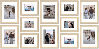 VELISTA 12 Piece Large Rectangle Gallery Wall Frame Set - Rustic Photo Frame Set with Mat 8x10/11x14" - Picture Frame Set for Wall Collage made of Composite Wood – Farmhouse Assorted Picture Frames(Oak)