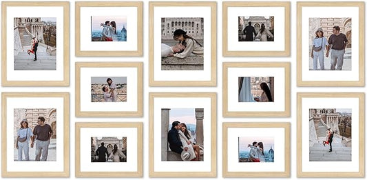 VELISTA 12 Piece Large Rectangle Gallery Wall Frame Set - Rustic Photo Frame Set with Mat 8x10/11x14" - Picture Frame Set for Wall Collage made of Composite Wood – Farmhouse Assorted Picture Frames(Oak)