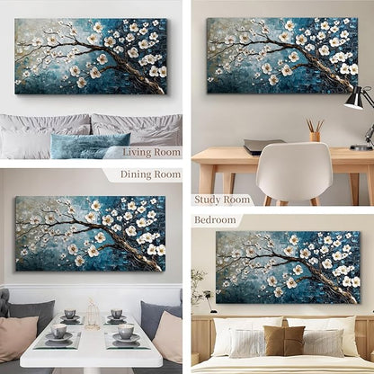 crmotu Teal Tree Wall Art, Plum Blossom Extra Large Artwork, Chinoiserie Floral Canvas Botanical Prints, Blue Plant Modern Wall Pictures for Living Room Bedroom Office Farmhouse Cottage 29X57 Inches