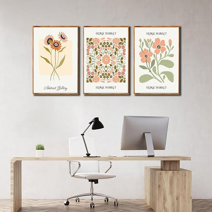 3 PCS Boho Floral Canvas Wall Art, Framed Rustic Botanical Canvas Paintings Prints ArtWork for Living Room, Vintage Flower Pictures for Farmhouse Dining Room Hallway Bedroom Wall Decor 24"x36"