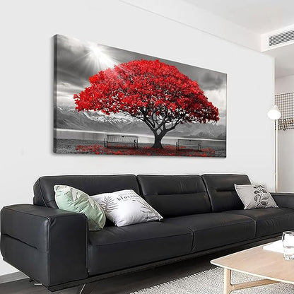 Red Wall Art - Modern Framed Wall Art for Living Room - Large Red Tree Black and White Landscape Canvas Prints - Posters & Prints for Home Office Bedroom Decorations - Large Wall Pictures 29×58IN