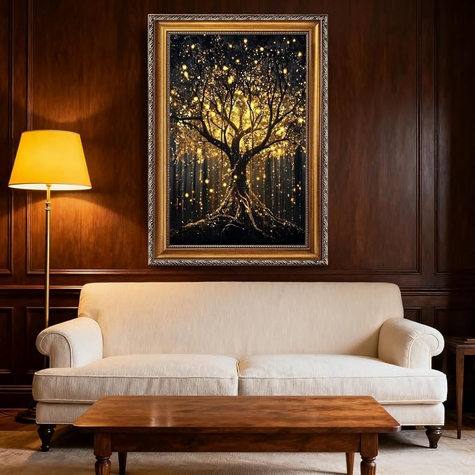 Balsuka Golden Tree of Life Wall Art Dark Academia Decor Poster Mystical Nature Forest Landscape Canvas Print Moody Botanical Enchanted Tree Painting for Living Room Bedroom 24x36inch Vintage Framed