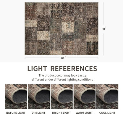 Vintage Washable Area Rug for Living Room,Low Pile 8x10 Non Slip Carpet Non-Shedding Area Rug Soft Indoor Stain Resistant Rug Floral Print Mat for Bedroom Dining Room 084-Brown