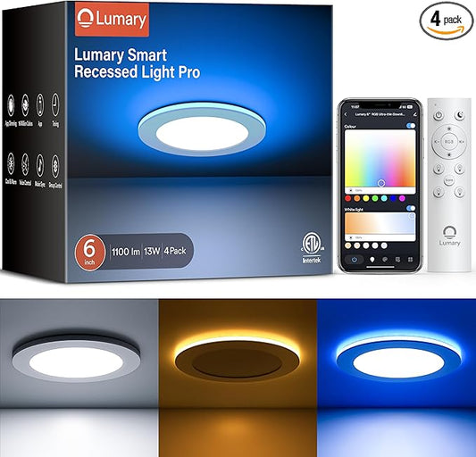 Lumary Smart Recessed Lighting Pro 6 Inch with RGB/Night Ring, 13W 1100LM Smart WiFi RGBWW LED Downlight, Canless with Junction Box, Works with Alexa/Google Assistant/BT Remote, ETL Listed, 4 Pack