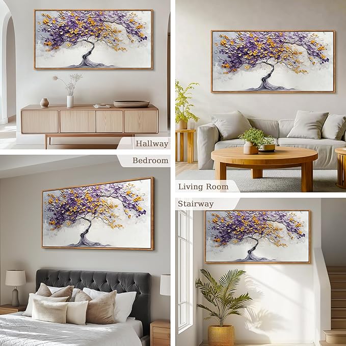 crmotu Tree of Life Large Framed Wall Art, Purple Tree Abstract Art Wall Decor, Modern Neutral Plant Canvas Prints, Minimalist Wall Pictures for Living Room Bedroom Yoga Office Decorations 29x57inch