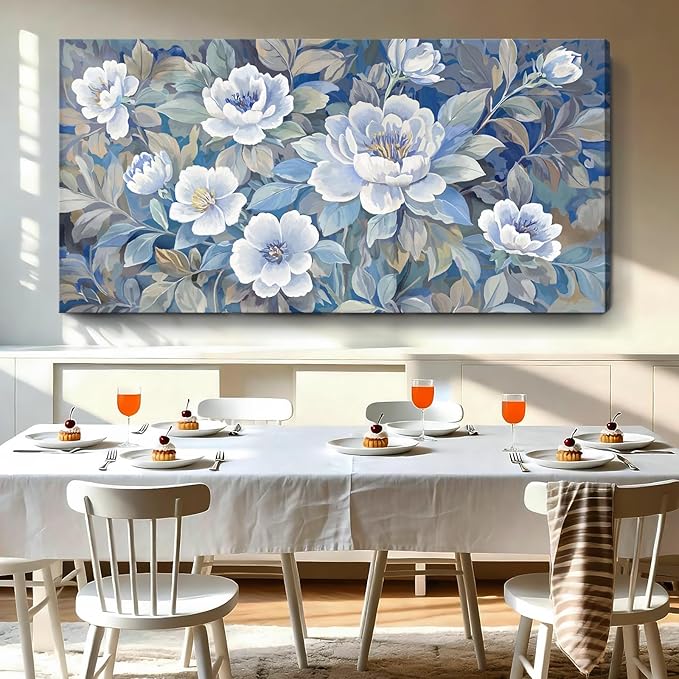 amatop Extra Large Blue White And Gray Plant Canvas Wall Art; Modern Abstract Flower Print Picture For Living Rooms, Dining Rooms, Bedrooms, Offices, And Meeting Rooms. 58X29 Inches.
