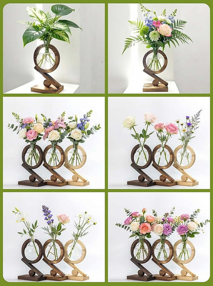 Glass Plant Propagation Station with Wooden Stand and Air Planter Bulb Vase, Birthday Gifts for Home Office Garden Boho Desk Decor (Light Burnt Wood)