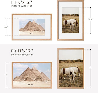 11x17 Oak Picture Frame, Solid Oak 11x17 Poster Frame with Mat to 8x12(Openning Size is 7.5x11.5), Natural Wood 17x11 Frames for Wall, Set of 1