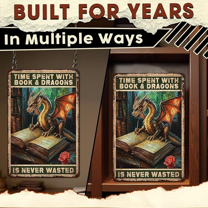 Dragon Metal Tin Sign Vintage Funny Wall Decor Time Spent With Books And Dragons Is Never Wasted Poster For Book Lovers Library Study Office Reading Nook Home Bar 8x12 Inch