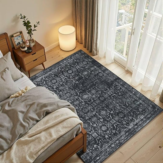 Rugxara 3x5 Rug for Entryway Bedroom, Black 3x5 Washable Area Rug, Vintage Retro Boho Throw Rug, Non Slip & Low Pile Small Carpet for Indoor Kitchen, Bedside, Living Room, Bathroom and Dining