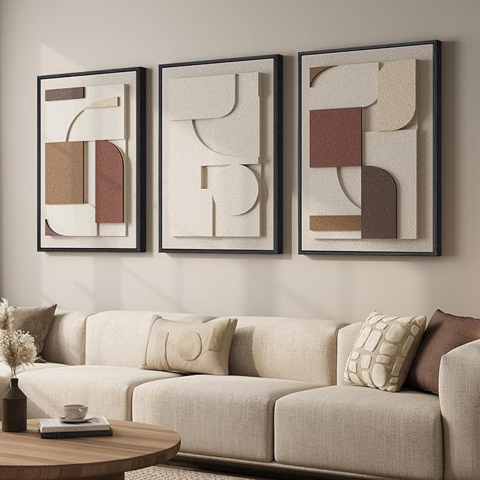 Large Framed 3D Textured Neutral Abstract Wall Art for Living Room, 3 Piece Modern Paintings Artwork for Walls, Minimalist Geometric Pictures for Hallway Office Dining Bedroom Wall Decor 24x36 In