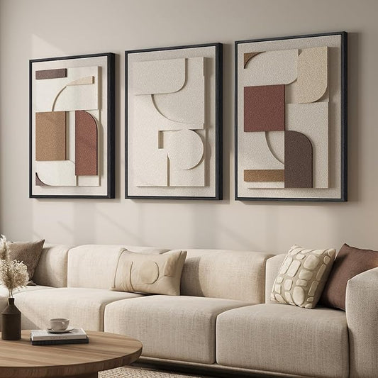 Large Framed 3D Textured Neutral Abstract Wall Art for Living Room, 3 Piece Modern Paintings Artwork for Walls, Minimalist Geometric Pictures for Hallway Office Dining Bedroom Wall Decor 24x36 In