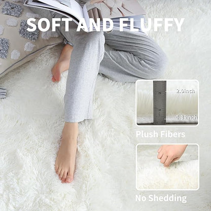 KCHOWUA Cream White Fluffy Area Rug for Girls Bedroom, 3'x5' Machine Washable Fuzzy Plush Carpet for Living Room, Soft Shaggy Throw Rug for Kids Dorm Room Nursery, Ivory