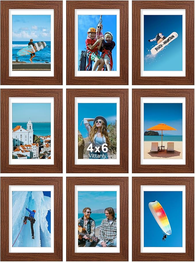 Vittanly 4x6 Picture Frames Set of 9, Display 3.5x5 Pictures with Mat or 4x6 without Mat, Photo Frames for Wall or Tabletop with Plexiglass, Engineered Wood, Wood Grain Brown