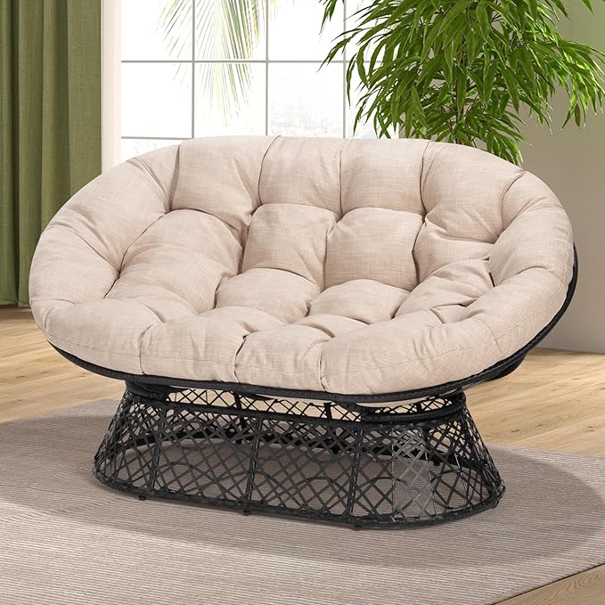 Bme Double Papasan Chair, 600lbs Capacity, Ergonomic Design, Soft Thick Cushion, Bee-Designed Frame, Durable Steel, 61", Beige - Black Base