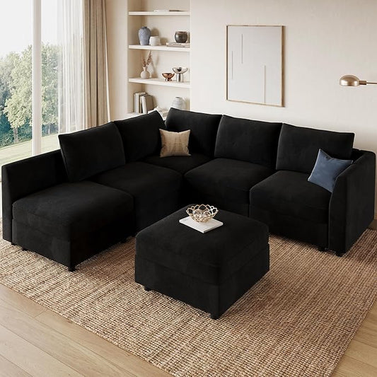 HONBAY Modular Sectional Couch L Shaped Sectional Sofa with Storage Velvet Convertible Sectional Couches for Living Room,Black