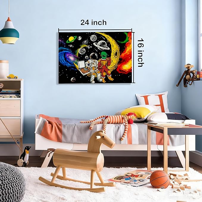 16x24 Space Astronaut Alien Pizza Party Canvas Wall Art Black Cosmic Prints Moon Planet Poster Home Framed Decor Kids Bedroom Fantasy Painting Teen Boy Room Funny Gift Picture Child Study Room Photo