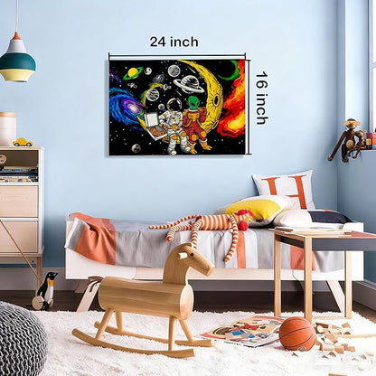 16x24 Space Astronaut Alien Pizza Party Canvas Wall Art Black Cosmic Prints Moon Planet Poster Home Framed Decor Kids Bedroom Fantasy Painting Teen Boy Room Funny Gift Picture Child Study Room Photo