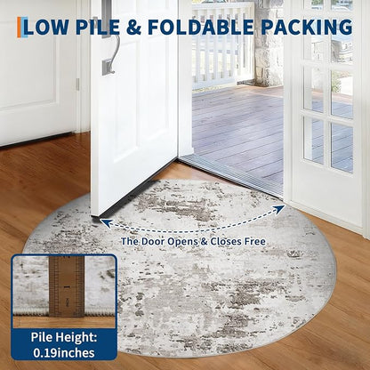 ROYHOME Modern Abstract 4x4 Round Area Rug Non Slip Non Shedding Rug Low Pile Stain Resistant for Bedroom Living Room Office Dining Room,Taupe/Beige