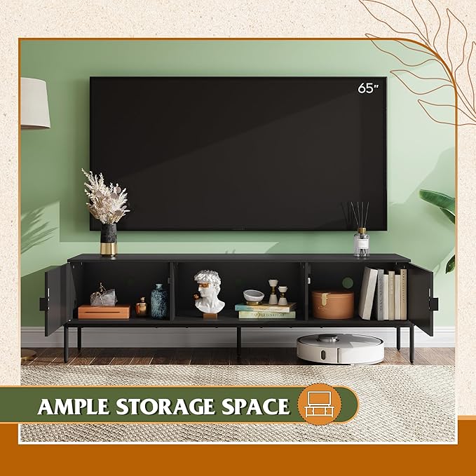 WLIVE TV Stand for 65 Inch TV, Mid Century Modern Entainment Center with 2 Storage Cabinets & Open Shelf, TV Console Table Media with Metal Legs for Living Room, Bedroom, Black