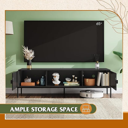 WLIVE TV Stand for 65 Inch TV, Mid Century Modern Entainment Center with 2 Storage Cabinets & Open Shelf, TV Console Table Media with Metal Legs for Living Room, Bedroom, Black