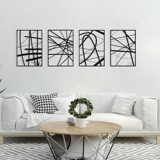 Art3dwallpanels Black Abstract Wall Art, Metal Single Line Art Wall Decor, 3D Textured Sculptures, Modern Decor for Living Room Bedroom Bathroom Study, 17'' x 12'', 4 Pack