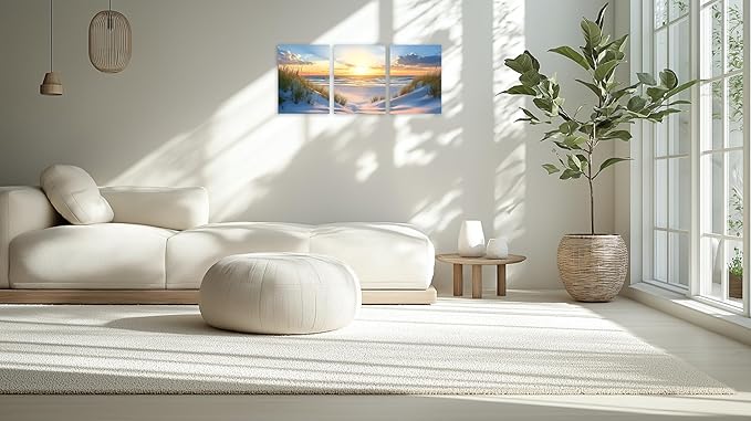 TutuBeer 3 Pcs Beach Pictures Ocean Pictures Wall Decor White Beach with Dunes and Grass Picture Print on Canvas Ocean Seascape Paintings Canvas Art Prints Wall Decor Ready to Hang 16" x 24" x 3