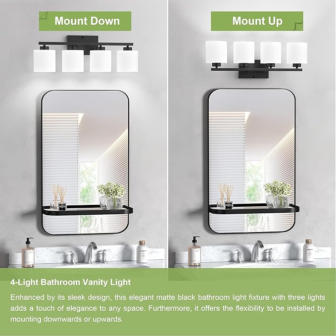 Honesorn 4-Light Vanity Lights, Matte Black with Frosted Shade & Nickel Finish, Modern Bathroom Over Mirror Lighting