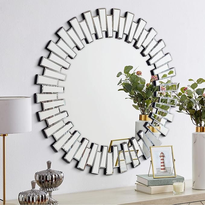 Chende 40'' Large Round Mirror, Modern 3D Decoratiave Wall Mirror with Beveled Glass, Elegant Frameless Circle Mirror for Dining Room, Living Room, Fireplace, Entryway