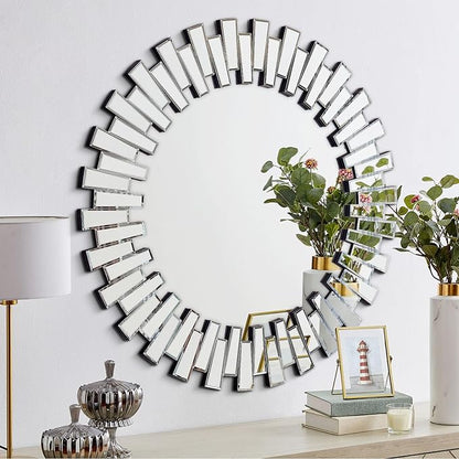 Chende 40'' Large Round Mirror, Modern 3D Decoratiave Wall Mirror with Beveled Glass, Elegant Frameless Circle Mirror for Dining Room, Living Room, Fireplace, Entryway