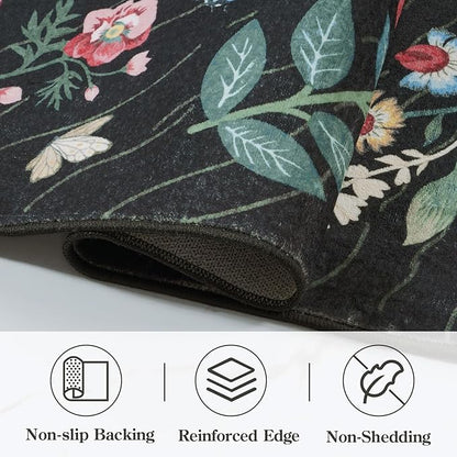 LIVEBOX Sunflower Botanical Washable 8x10 Area Rugs, Black Rug for Living Room, Non Slip Rugs for Bedroom, Boho Floral Indoor Throw Dining Room Carpet for Under Table Home Office Nursery Playroom