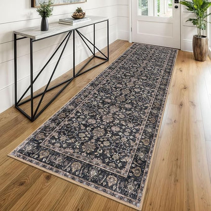 KUTA Vintage Washable Runner Rug, 2.6x8 Brown Runners for Hallways Non-Slip Kitchen Rugs Ultra Thin Soft Printed Distressed Oriental Floor Carpet for Laundry Bedroom Living Room Nursery