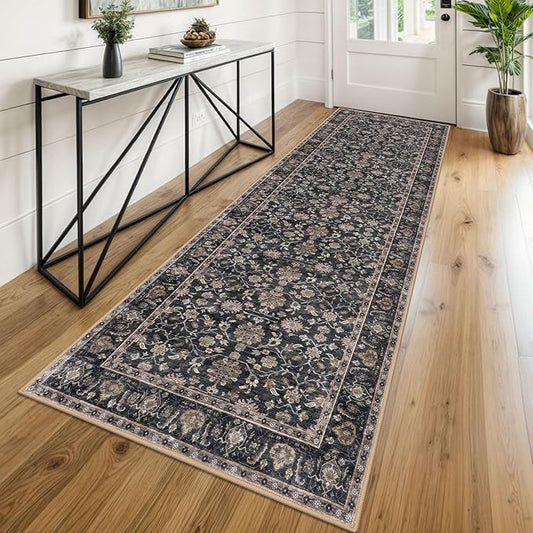 KUTA Vintage Washable Runner Rug, 2.6x8 Brown Runners for Hallways Non-Slip Kitchen Rugs Ultra Thin Soft Printed Distressed Oriental Floor Carpet for Laundry Bedroom Living Room Nursery