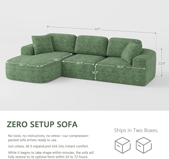 Dowinx 107'' Modular Sectional Sofa Couch with Chaise, No Assembly Required, Modern Woven-Textured Upholstery, Convertible L-Shaped Design for Living Room – Forest Green