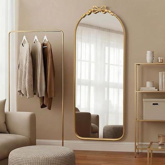 Besdomus Gold Full Length Mirror: 21"x56" Modern Bow Arched Floor Full Body Long Beaded Mirror - Baroque Traditional Ornate for Entryway/Cloakroom/Bedroom/Hallway - Ideal for Fashion Conscious Women