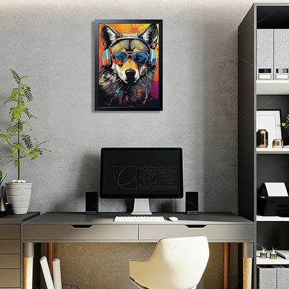 Cool Wolf Wall Art Framed Canvas Print, Wolf Wearing Sunglasses and Headphones Pop Art Poster, Vibrant Graffiti Music King Animal Painting for Boys Room Bedroom Gaming Room Home Decor 12x16 Inch