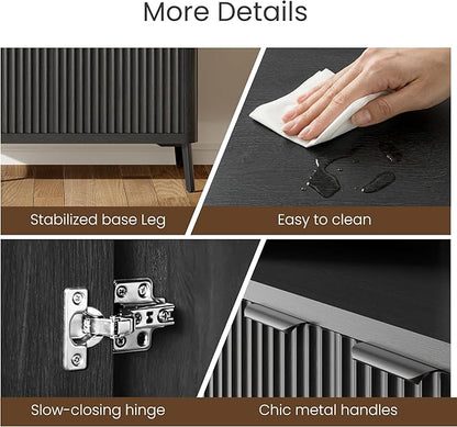 Fatmok Fluted Buffet Cabinet with Storage, 31.4" Wide Wood Sideboard Credenza with 2 Doors & Open Storage Shelf, Modern Coffee Bar Table for Living Room Kitchen Dining Room,Black Grey