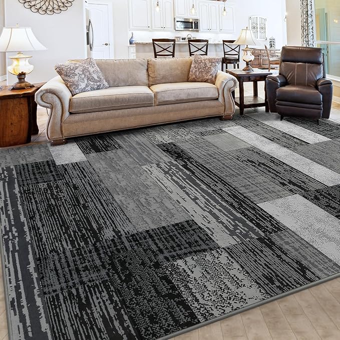 FlyDOIT Modern Geometric Patchwork Area Rug, 5x8 Grey Large Rugs for Living Room, Rockwood Collection Indoor Rugs for Bedroom, Throw Carpet Floor Decor for Entryway Dining Room Office Nursery