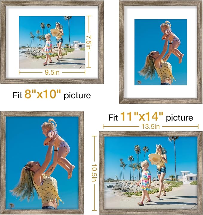 Vittanly 11x14 Picture Frames Set of 9, Display 8x10 Pictures with Mat or 11x14 without Mat, Photo Frames for Wall or Tabletop with Plexiglass, Engineered Wood, Grayish Brown