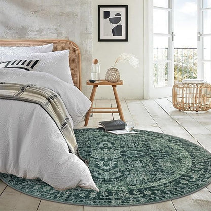 KOZYFLY Round Rug 6 Ft Rugs for Entryway Washable Circle Rug Non Slip Round Living Room Rugs Printed Faux Wool Round Dining Room Floor Carpet Floor Carpet for Entryway, Bedroom, Dark Green