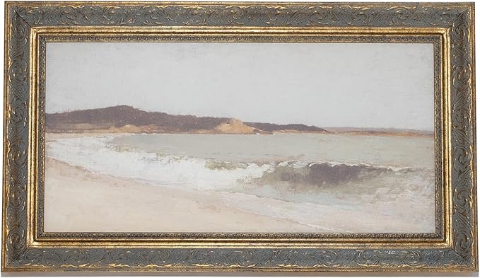 Petal Lane Beach Wall Art - 16x9 Framed Antique Decor - Make Your Own Gallery Wall Frame Set - Dark Academia Wall Decor - Canvas Wall Art with Vintage Frame (Beach Landscape)