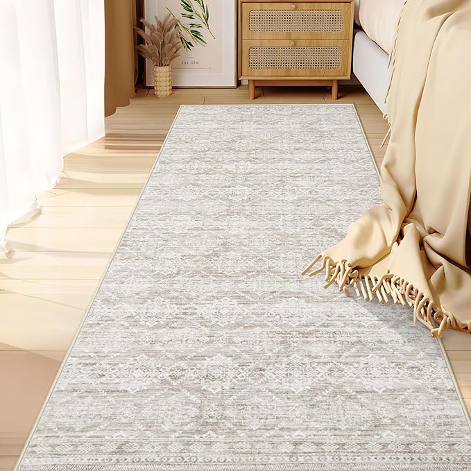 Runner Rug 2x5 Boho Geometric Area Rugs: Small Washable Kitchen Entryway Rug, Soft Non Slip Moroccan Long Hallway Rugs for Bedroom Bathroom Laundry Entryway Staircase Foyer(Ivory Mocha,2'x5')