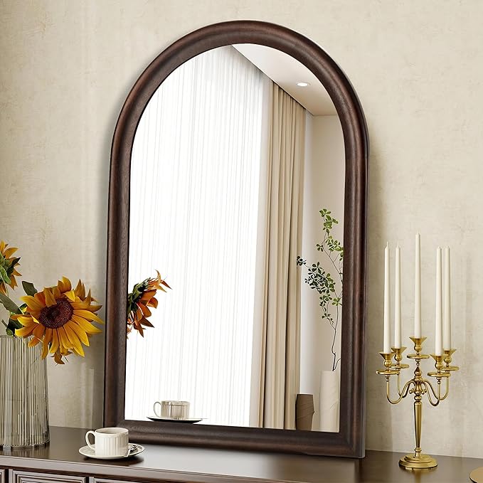 Tanmicoshomy Dark Brown Framed Arched Bathroom Mirror 24x36 Inch,Wall Mirror with Tempered Glass for Living Room, Bedroom or Entryway