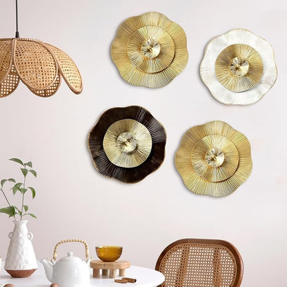 Shimeyao 4 Pcs 12 Inch Gold Wall Decor Metal Flower Plate Art Hanging Wall Decorations Modern Metai Decorations for Home Living Room Office Bedroom Bathroom Floral Sculpture