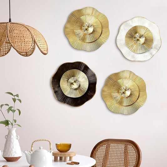 Shimeyao 4 Pcs 12 Inch Gold Wall Decor Metal Flower Plate Art Hanging Wall Decorations Modern Metai Decorations for Home Living Room Office Bedroom Bathroom Floral Sculpture